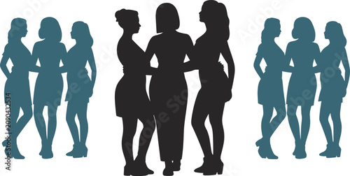 Silhouettes of Women in Dresses Standing Together in Groups Keywords: women, female, group, silhouette, standing, together