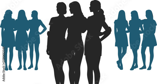 Group Of Women Silhouettes Standing Together With Arms Around Each Other Keywords: women, group, silhouette, people, female