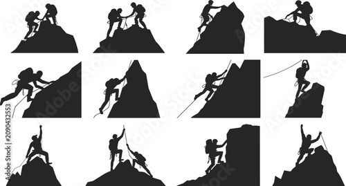 Silhouettes of Climbers Ascending Rocky Mountains with Ropes and Backpacks Keywords: climbing, mountaineering, mountain, rock
