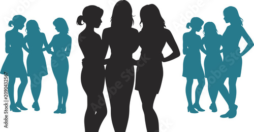 Silhouettes of Women in Dresses Standing Together in Groups Teal and Black Keywords: women, female, group, silhouette, standing