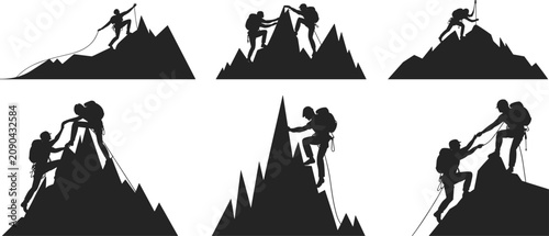 Six Silhouettes Of People Climbing Mountains With Ropes And Backpacks Keywords: climbing, mountain, silhouette, people, man