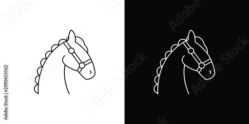 Foto Minimalist line art icon illustration of horse head with halter and braided mane