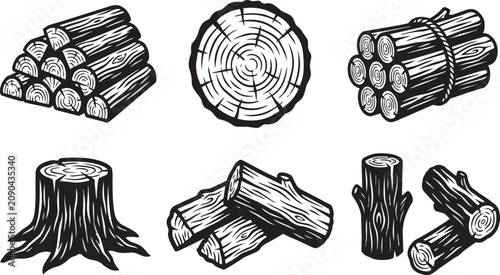 Set of black and white wood log vector graphic icons isolated on transparent background