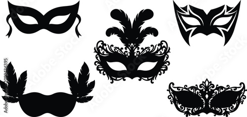 Masquerade party mask silhouette icons set featuring carnival venetian lace designs feathers and decorative festive face wear