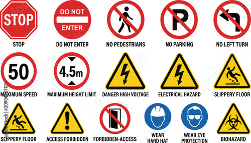 Bild auf Leinwand Collection of essential road traffic and safety warning signs presented as a vec