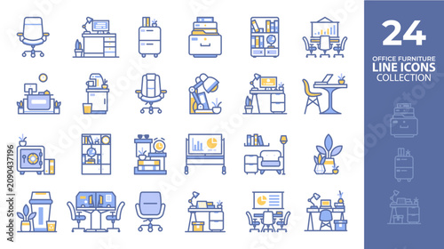 24 Office Furniture Color Outline Icons Set - Modern Workspace and Office Interior Vector Collection