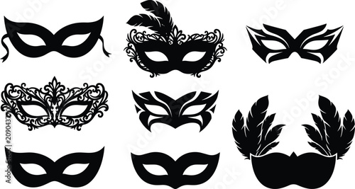 Konstfotografi Carnival masquerade mask silhouette icons set featuring ornate venetian lace fil
