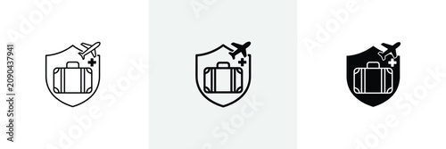 Travel insurance icon set with luggage plane and medical shield.