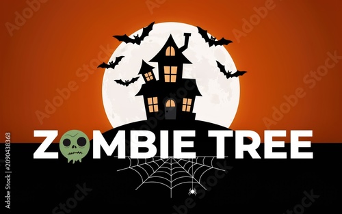 Zombie themed haunted house under a full moon with bats