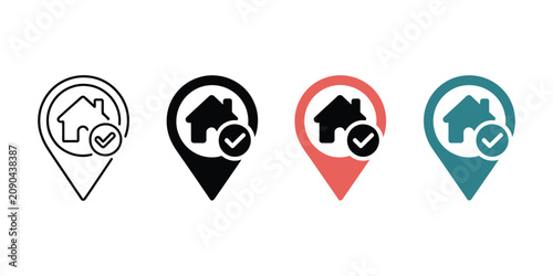Tableau sur toile Correct house location vector icons featuring verified home address markers, check symbols, map pins, and accurate navigation signs in modern flat design