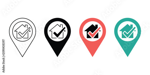 Photos Correct house location vector icons featuring verified home address markers, check symbols, map pins, and accurate navigation signs in modern flat design