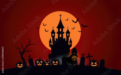 Haunted castle under a full moon with jack o lanterns