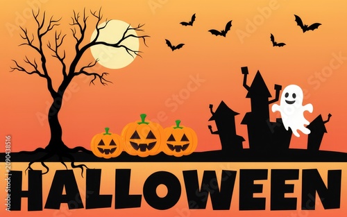 Halloween scene with jack o lanterns, ghosts, and bats at sunset