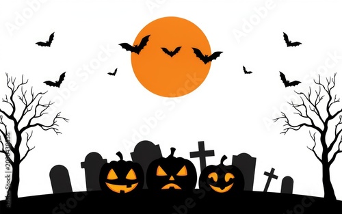 Halloween scene with jack o lanterns and flying bats at sunset