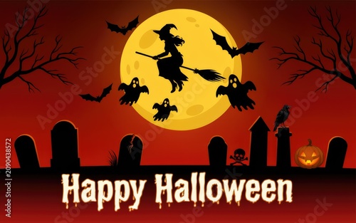 Happy halloween illustration with flying witch and bats over graveyard