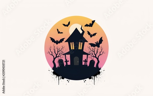 Haunted castle silhouette with bats at sunset