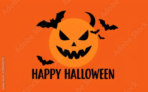 Happy halloween jack o lantern with flying bats on orange background