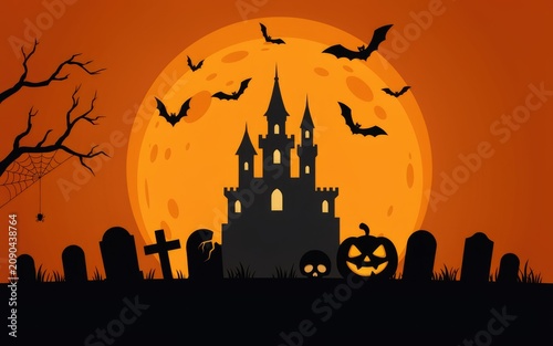 Haunted castle with jack o lanterns and bats at sunset