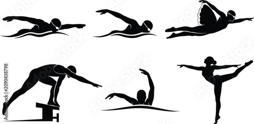 Bilde på lerret Swimming and ballet dancer silhouettes, freestyle swimmer, diving athlete, butte