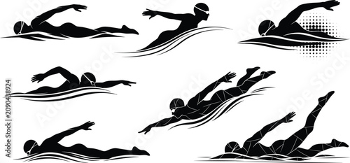 Tableau sur toile Swimming silhouette collection, professional swimmers diving, underwater glide,