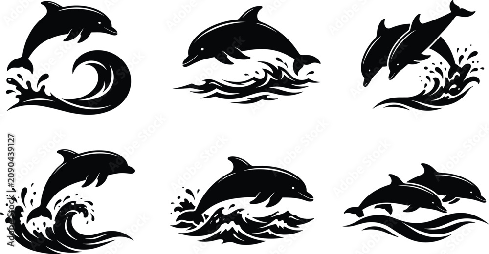 Naklejka premium Dolphin jumping ocean wave silhouette vector icon set marine animal sea creature splash splash water surfing graphic element collection design template