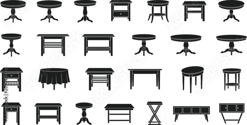Foto Table silhouette set with 25 unique furniture designs including round, square, o