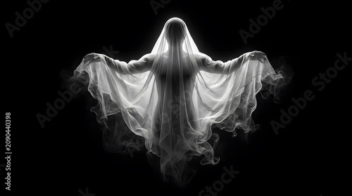 Ethereal ghostly figure in flowing white sheet on black background