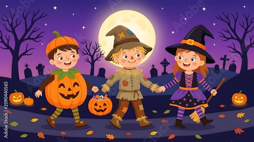 Happy children in halloween costumes on a spooky autumn night