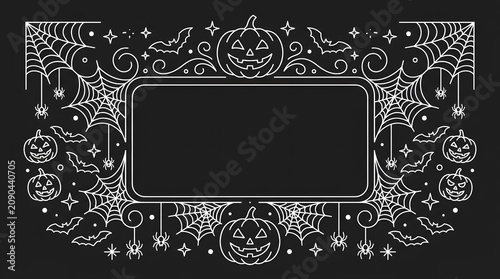 Halloween white line art border with jack o lanterns bats and spiders
