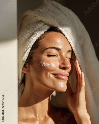 Woman applying moisturizer cream on cheek in bright bathroom, clean glowing skin, soft towel, minimal skincare bottles without labels, natural morning light