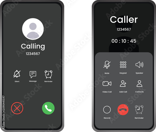 Εκτύπωση καμβά Incoming call screen and ongoing call interface on mobile phone vector illustration