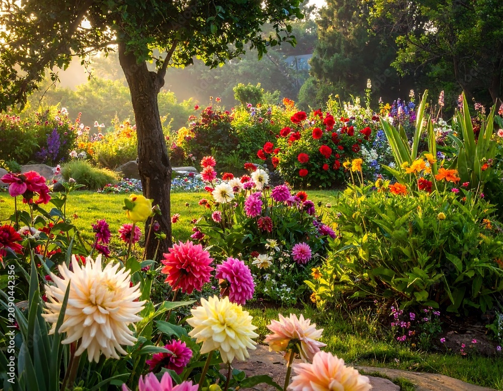 Obraz premium A vibrant garden bursts with colorful flowers under a bright, early morning sunlight with a tree in the center