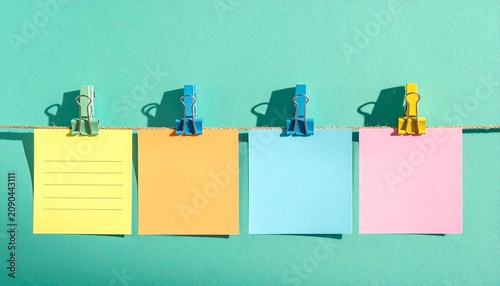 Colorful sticky notes clipped on string teal background