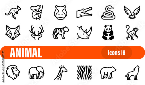 Photography Set of 18 Animal Icons Featuring Wild Wildlife Species