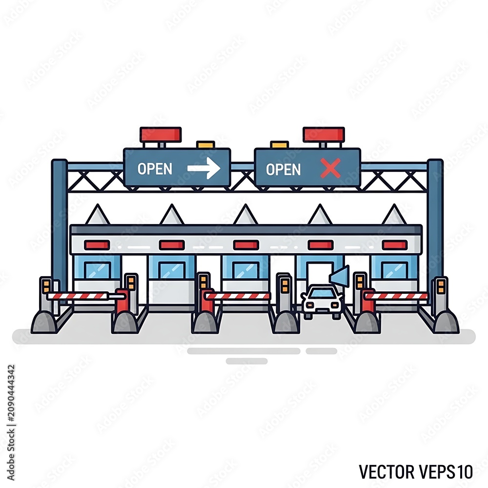 Fototapeta premium Modern Toll Booth with Open Lane Signs and Car at Highway Checkpoint