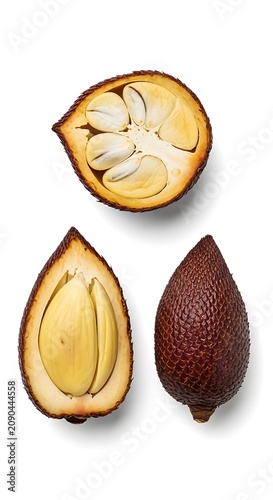 Fresh Salak Fruit Halves and Whole Snake Fruit Arranged on White Background