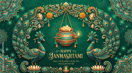 Festive janmashtami greeting card design featuring decorative peacocks hanging pot and floral patterns on green with art