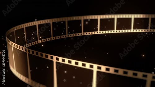 A luxurious abstract background featuring multiple golden film strips gracefully curving and overlapping against a deep, dark backdrop. Subtle light reflections and shimmering particles enhance the