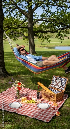 Relaxed Young Man Resting in Colorful Hammock Beside Picnic Blanket in Sunny Park