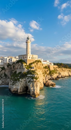 Tall White Lighthouse Standing on Rocky Coastal Cliff Above Turquoise Sea