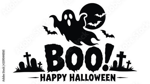 Foto Halloween greeting card with ghost, bats, moon, tombstones and boo text