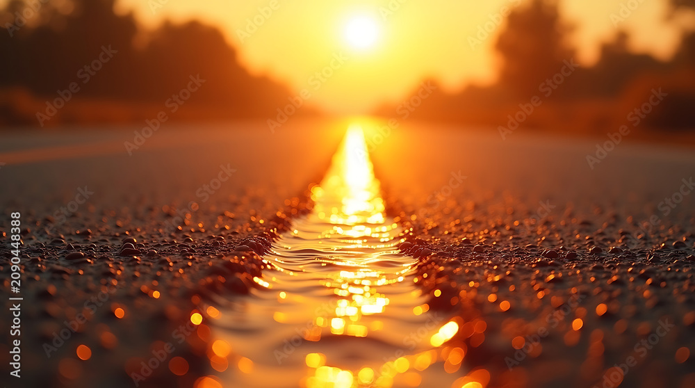 Fototapeta premium Golden light trail reflecting on a wet center line pavement during an epic sunset highway drive