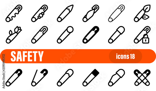 Fotografía Safety Pins and Fasteners Outline Icons Set
