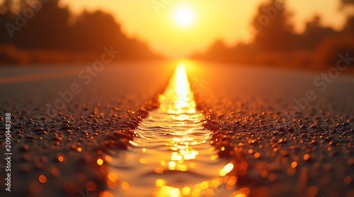Golden light trail reflecting on a wet center line pavement during an epic sunset highway drive