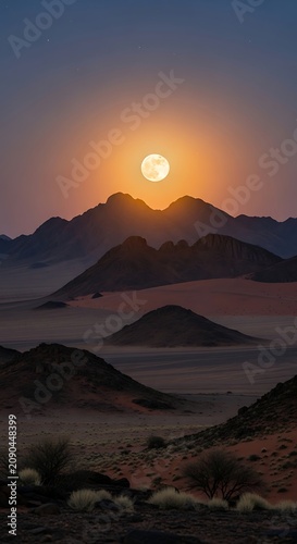 Full Moon Rising Above Rugged Desert Mountains at Twilight