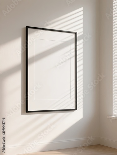A photorealistic minimalist interior mockup featuring a black vertical picture frame with a blank white poster mounted on a clean white wall.