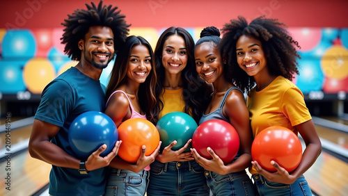Portrait of diverse young iteration adults holding bowling balls and posing in bowling alley showing