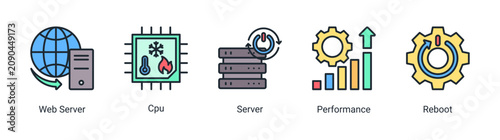 Bild auf Leinwand Server Performance icon set vector illustration featuring web hosting,cpu optimization,and server maintenance concepts
