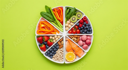 Healthy food plate chart with fresh vegetables, fruits and salmon. Balanced nutrition diet concept. Top view of organic ingredients on green background.