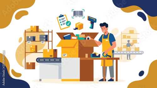 Quadro su tela Illustration of a person packing boxes during a home relocation.